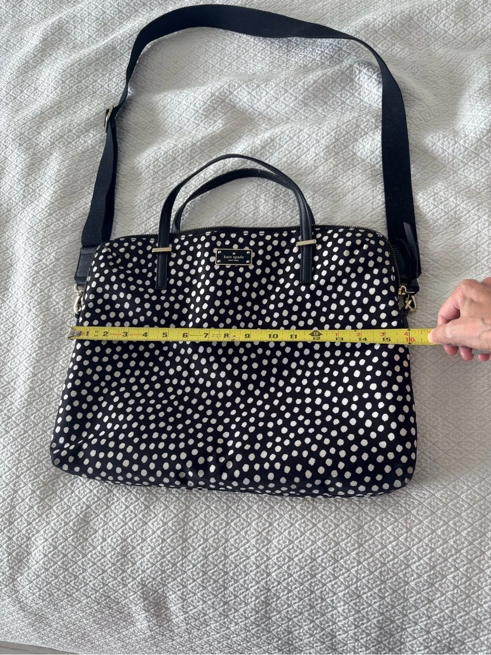 Kate Spade Spot Nylon Calista Laptop Bag, style WKRU1612, black/cream polka dot